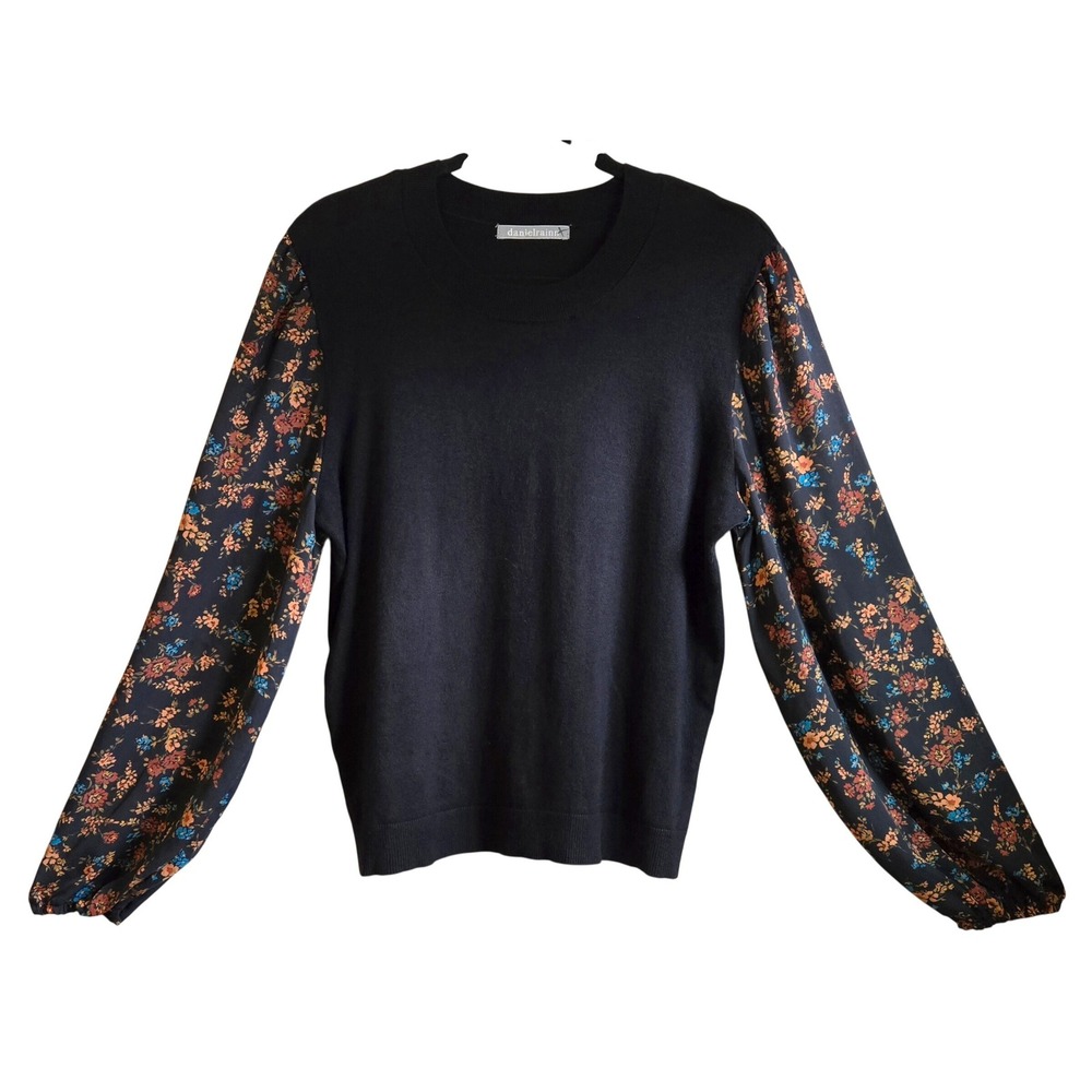 Daniel Rainn Boho Chic Black Floral Balloon Sleeve Mixed Media Sweater Women's L